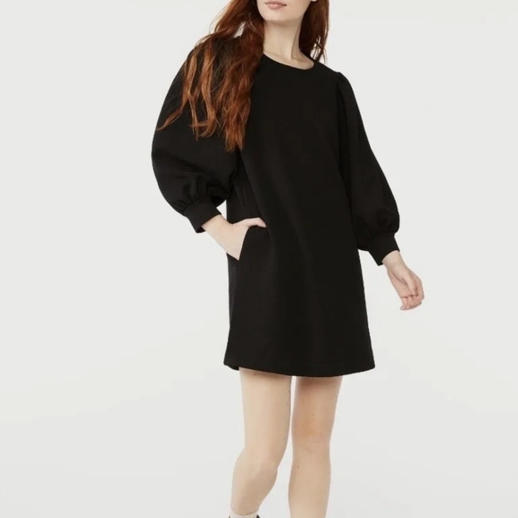 Free Assembly Black Puff Sleeve Dress Women's Sz XL Pockets Heavy Swing Stretch - Picture 1 of 16